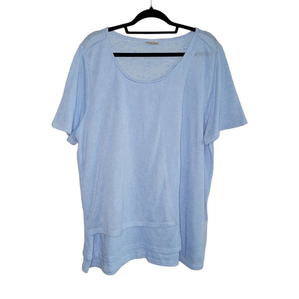 Avenue Layered-Front Short Sleeve Lightweight Knit Top Size 1X 18/20 Light Blue